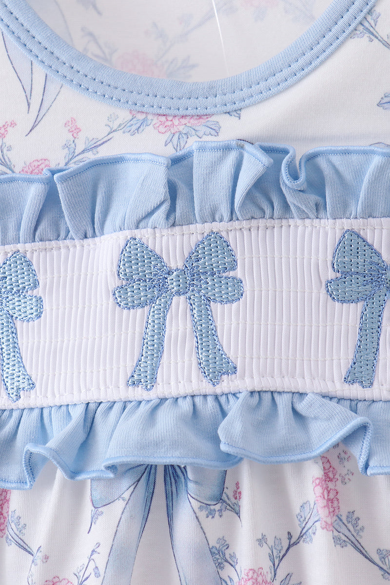 Blue bow floral smocked ruffle bubble