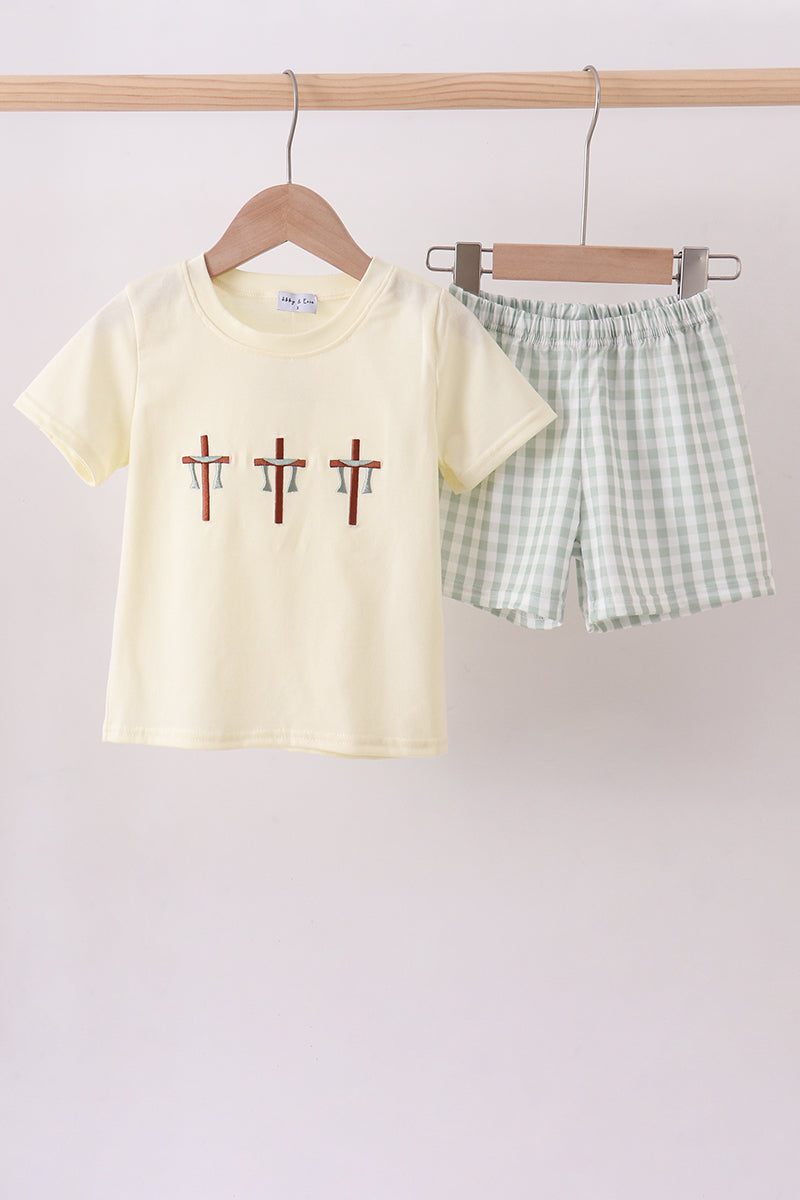 Green cross embroidery gingham shorts set