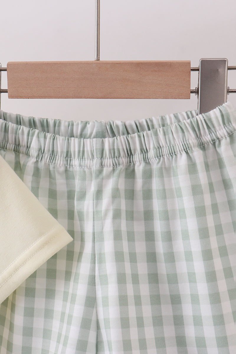 Green cross embroidery gingham shorts set