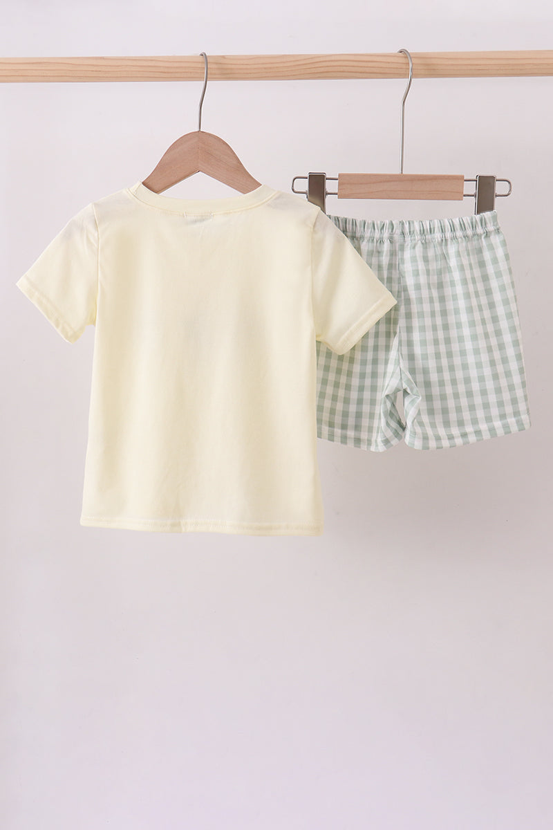 Green cross embroidery gingham shorts set