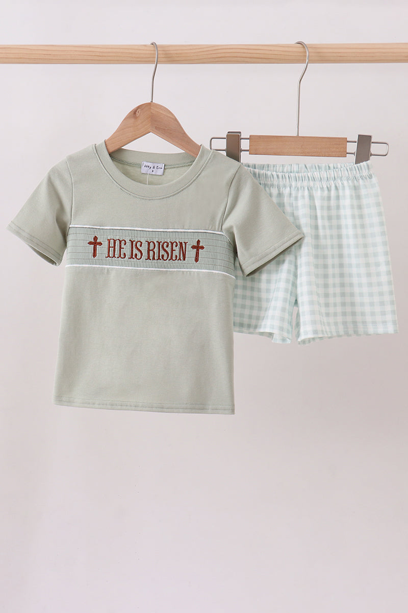 Sage he is risen smocked shorts set