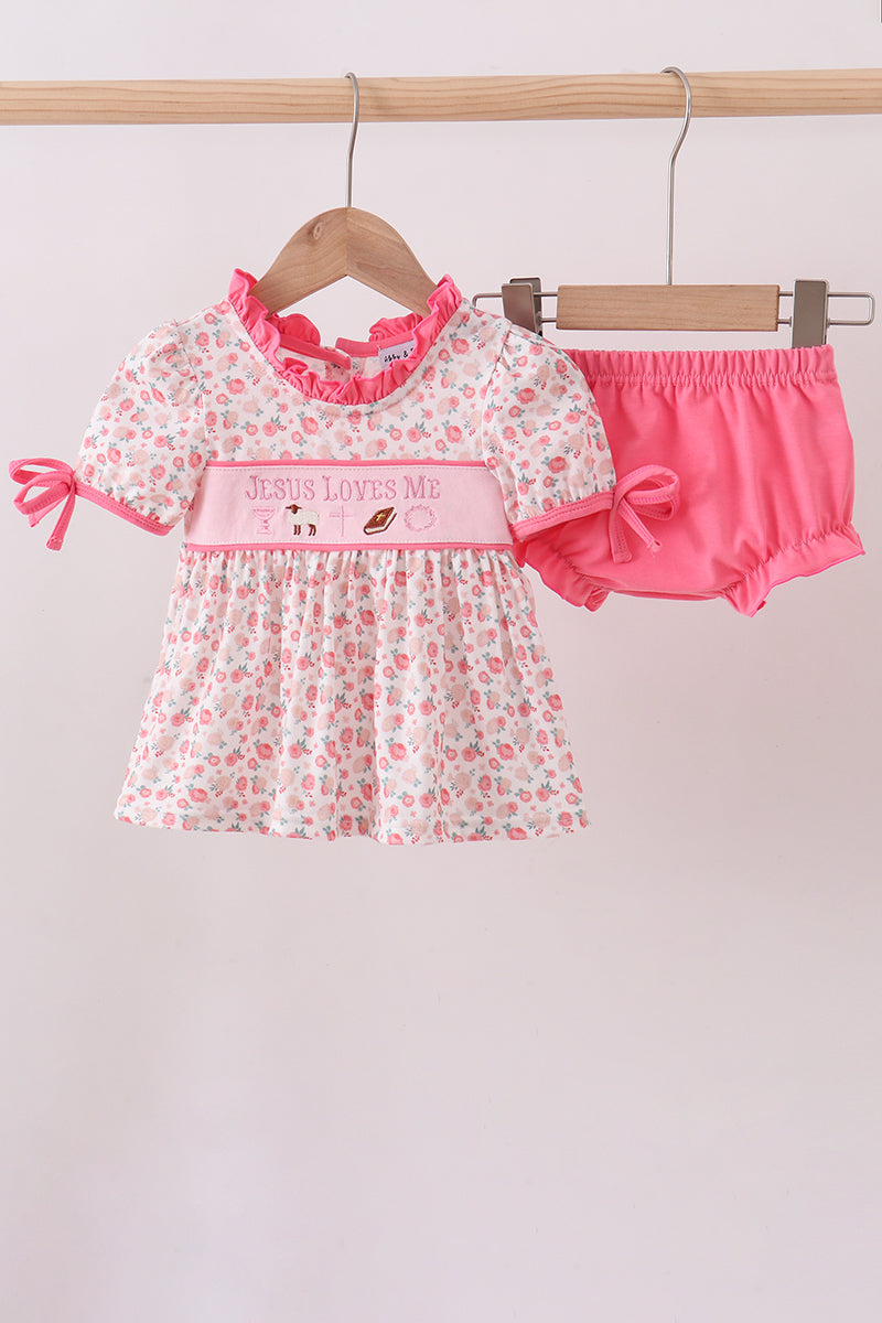 Pink jesus loves me embroidery bloomer set