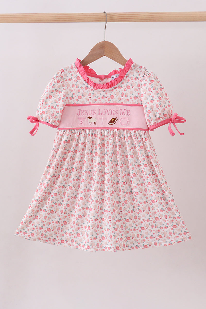Pink jesus loves me embroidery dress