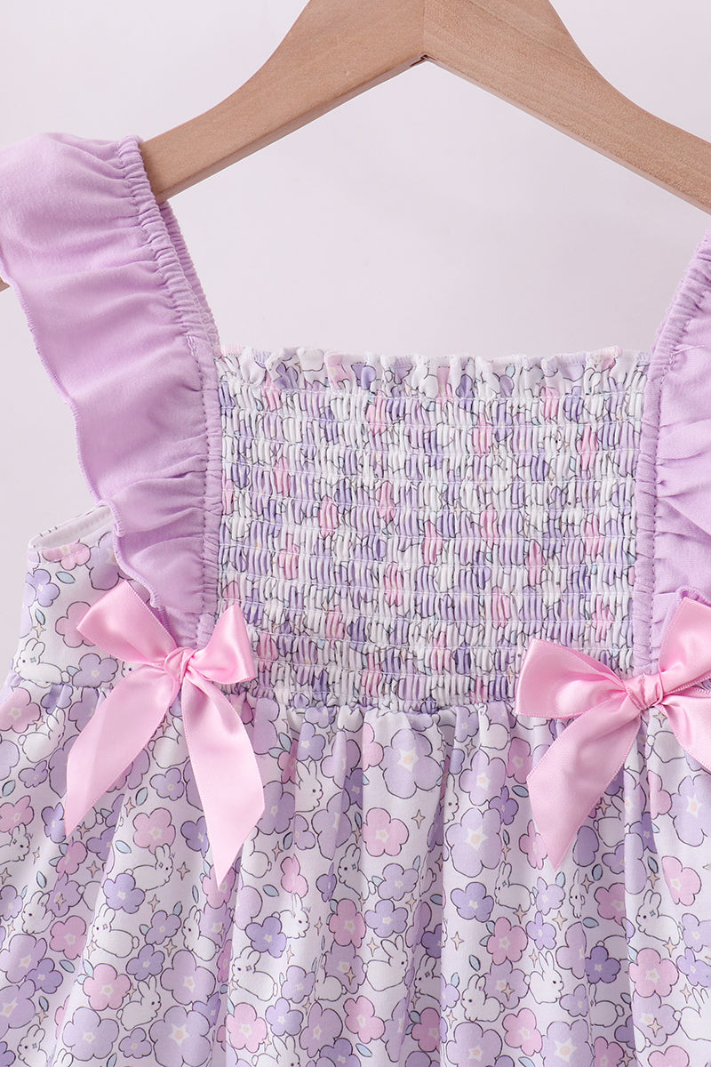 Purple floral smocked ruffle shorts set