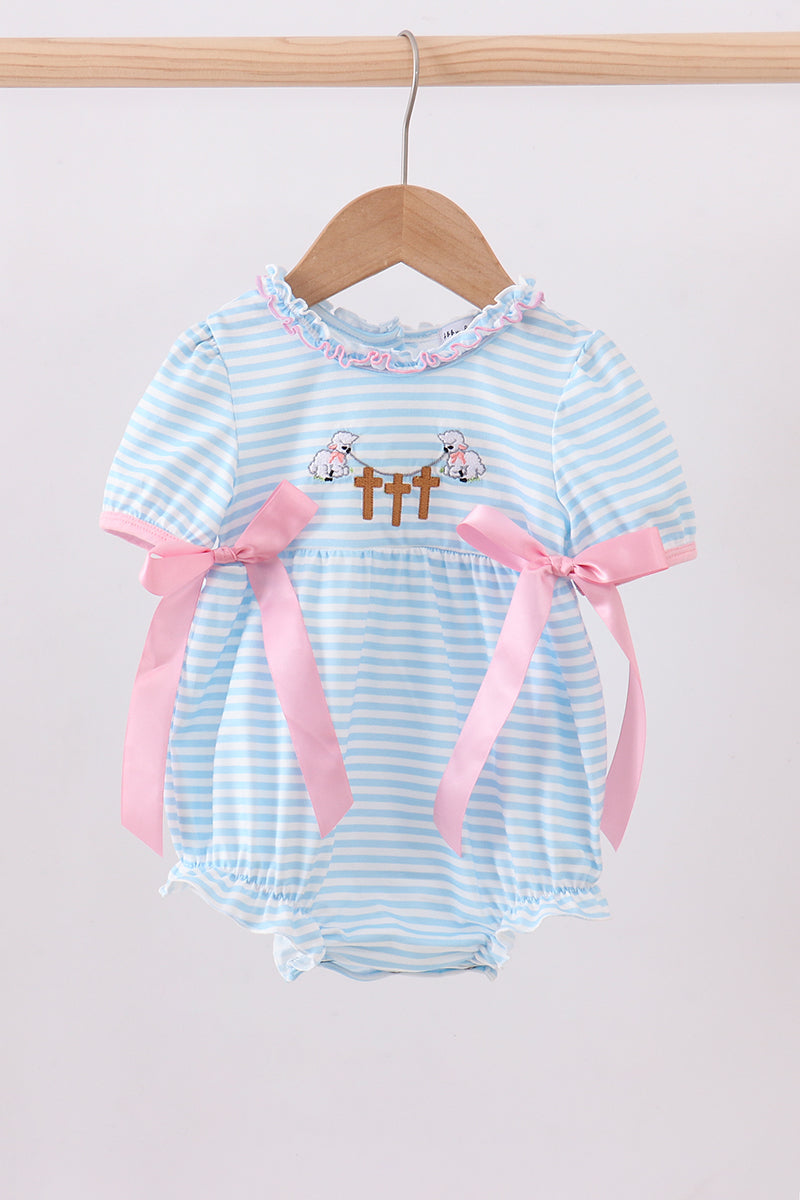 Blue cross embroidery ruffle stripe bubble