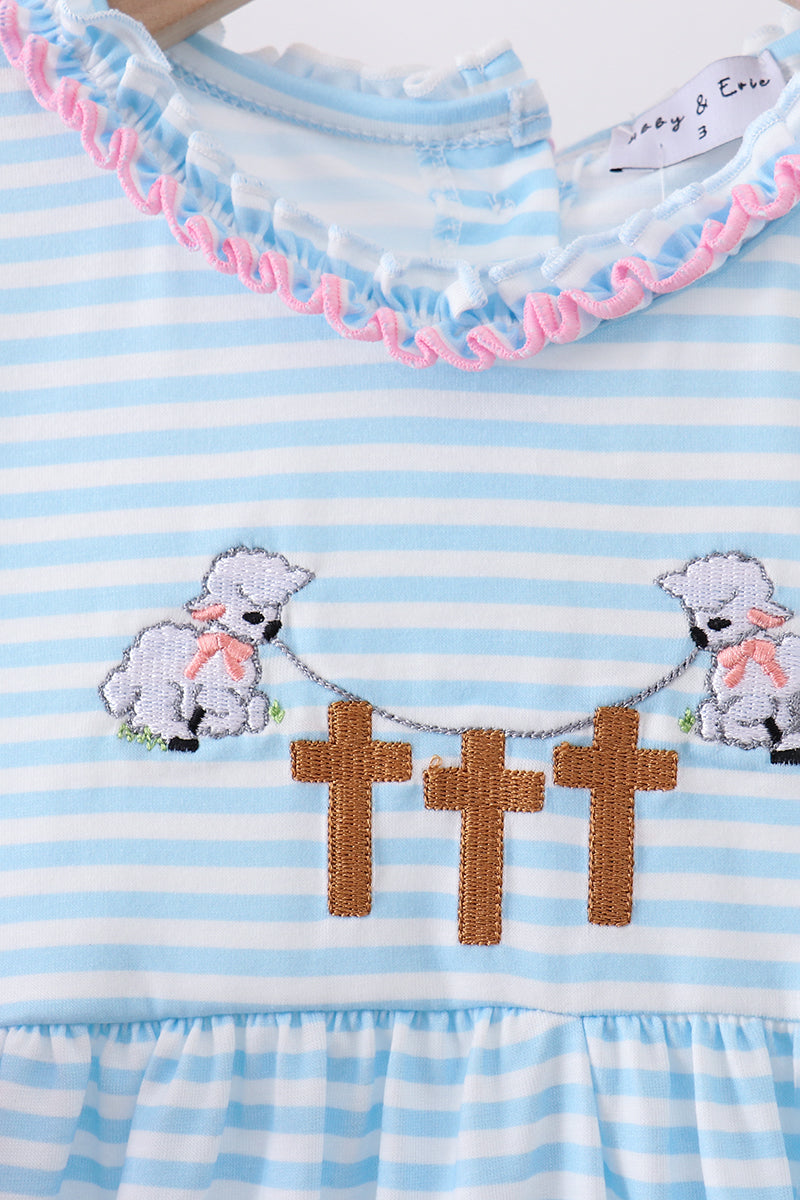 Blue cross embroidery ruffle stripe dress