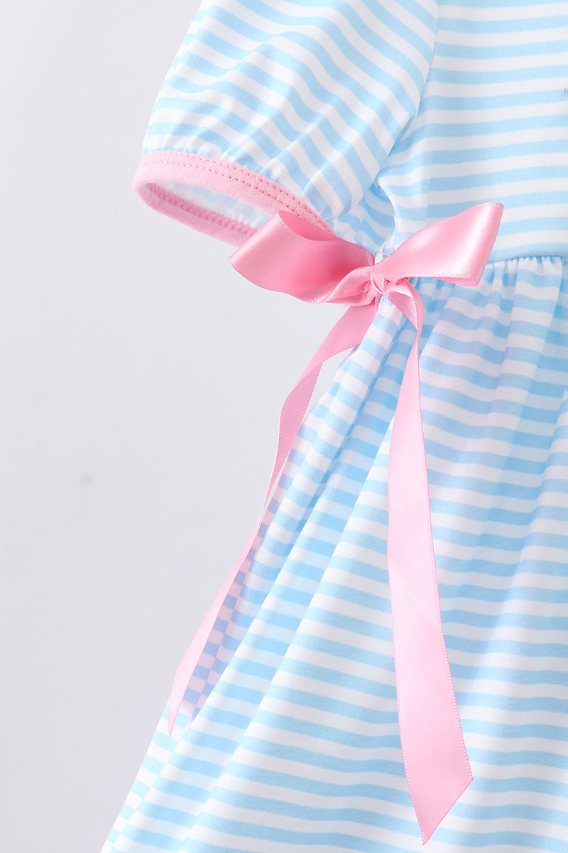 Blue cross embroidery ruffle stripe dress