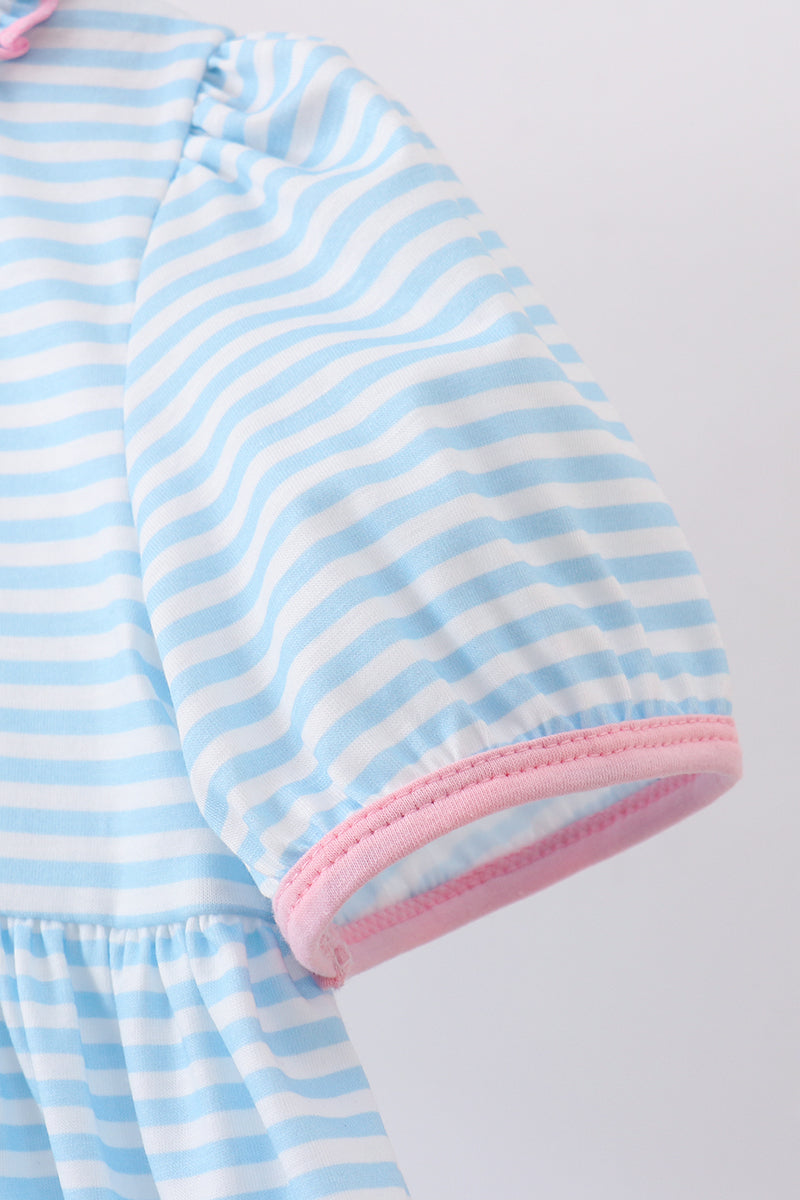 Blue cross embroidery ruffle stripe dress