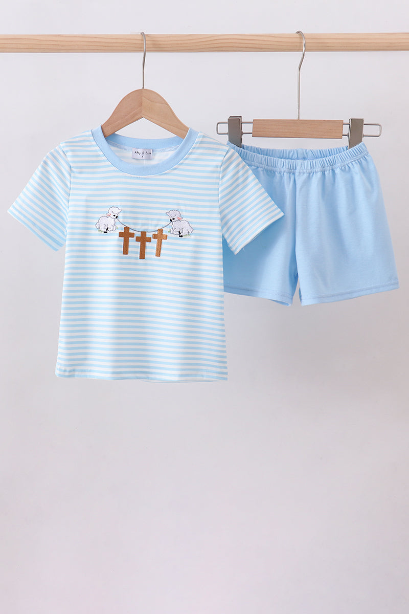 Blue cross embroidery shorts set