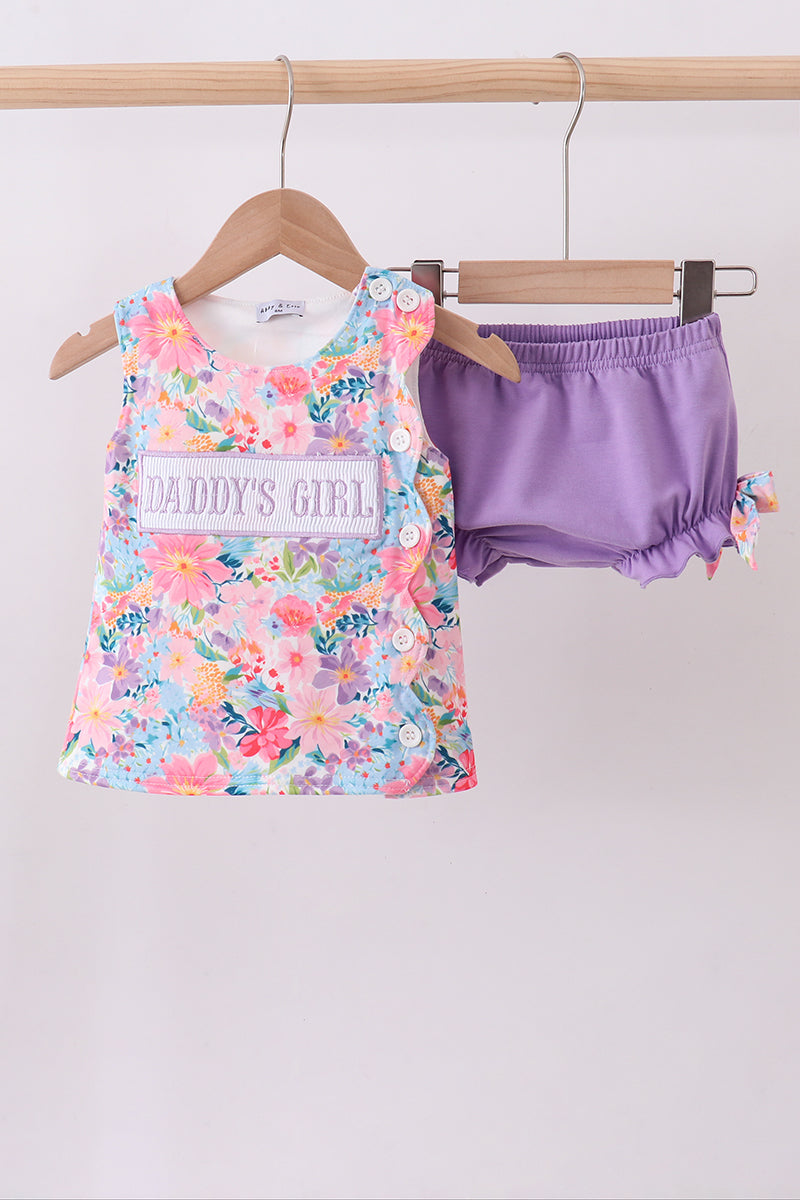Purple floral daddy's girl smocked ruffle bloomer set