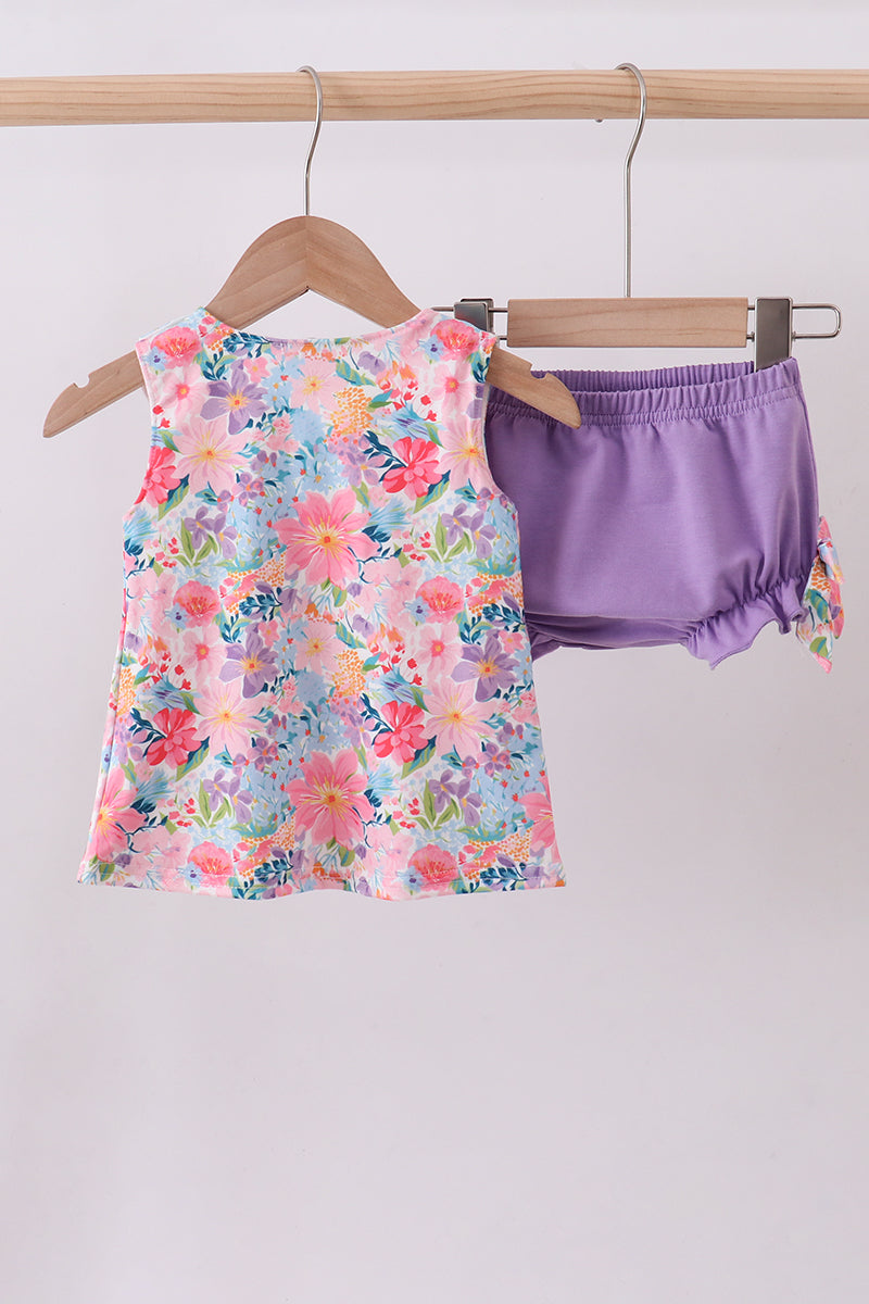 Purple floral daddy's girl smocked ruffle bloomer set