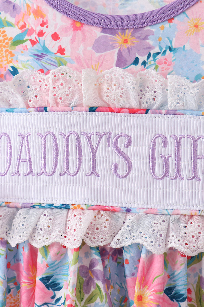 Purple floral daddy's girl smocked ruffle shorts set
