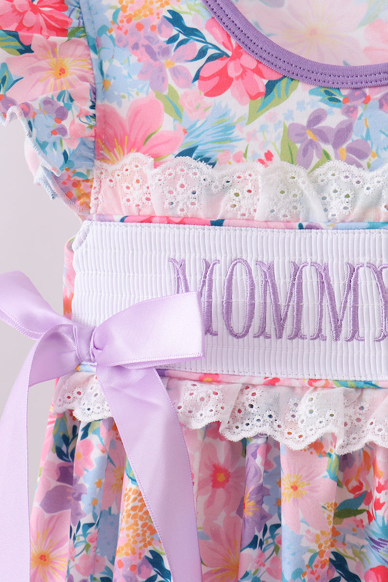Purple MOMMY'S GIRL smocked ruffle shorts set