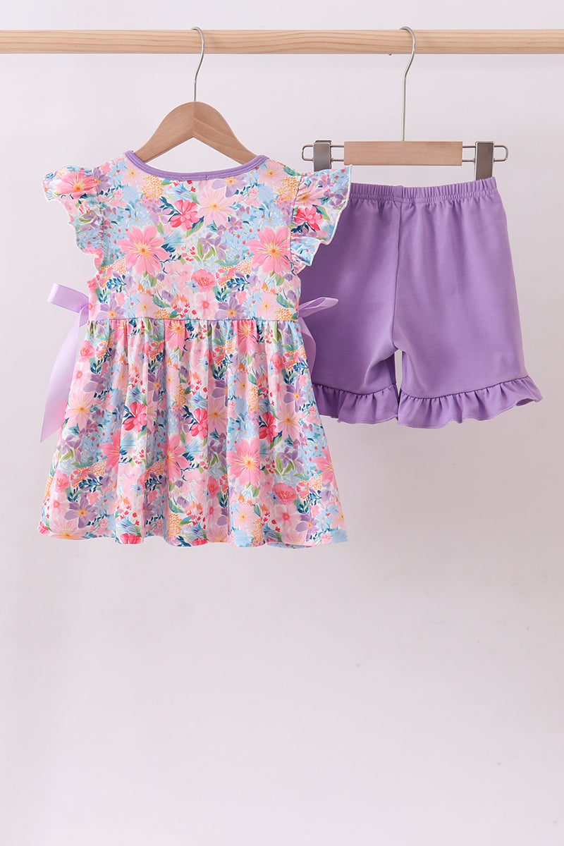 Purple MOMMY'S GIRL smocked ruffle shorts set