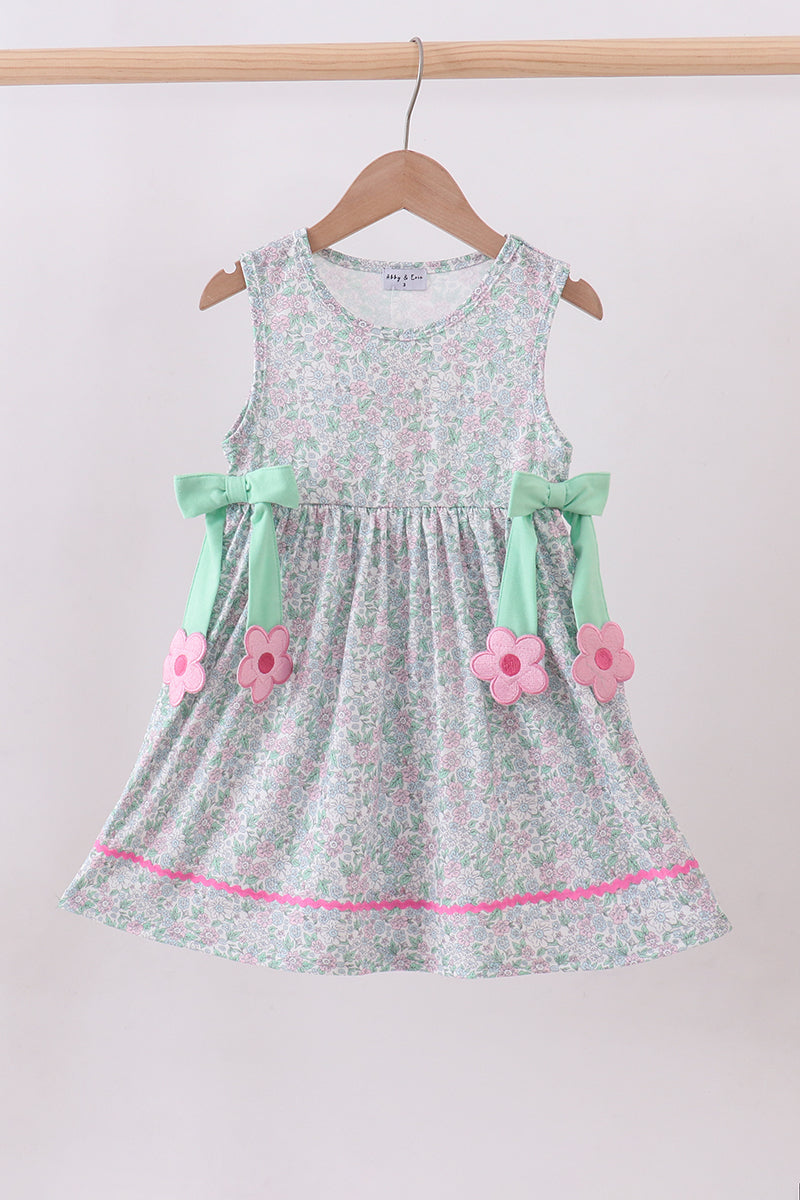 Green floral print bow dress