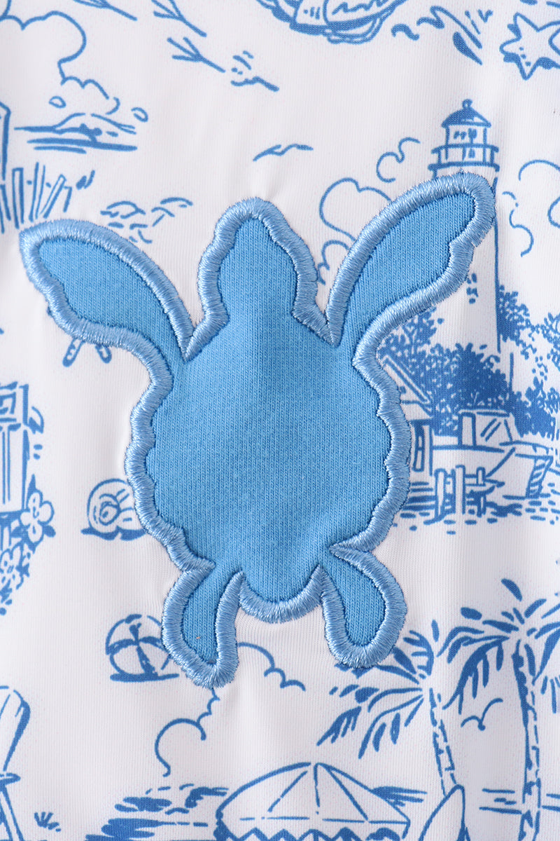 Blue beach sea turtle applique ruffle swimsuit