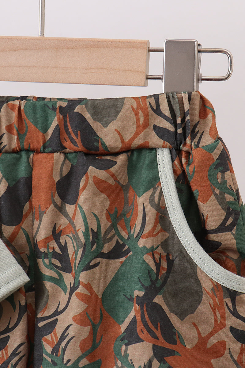 Camouflage deer antler embroidery shorts set