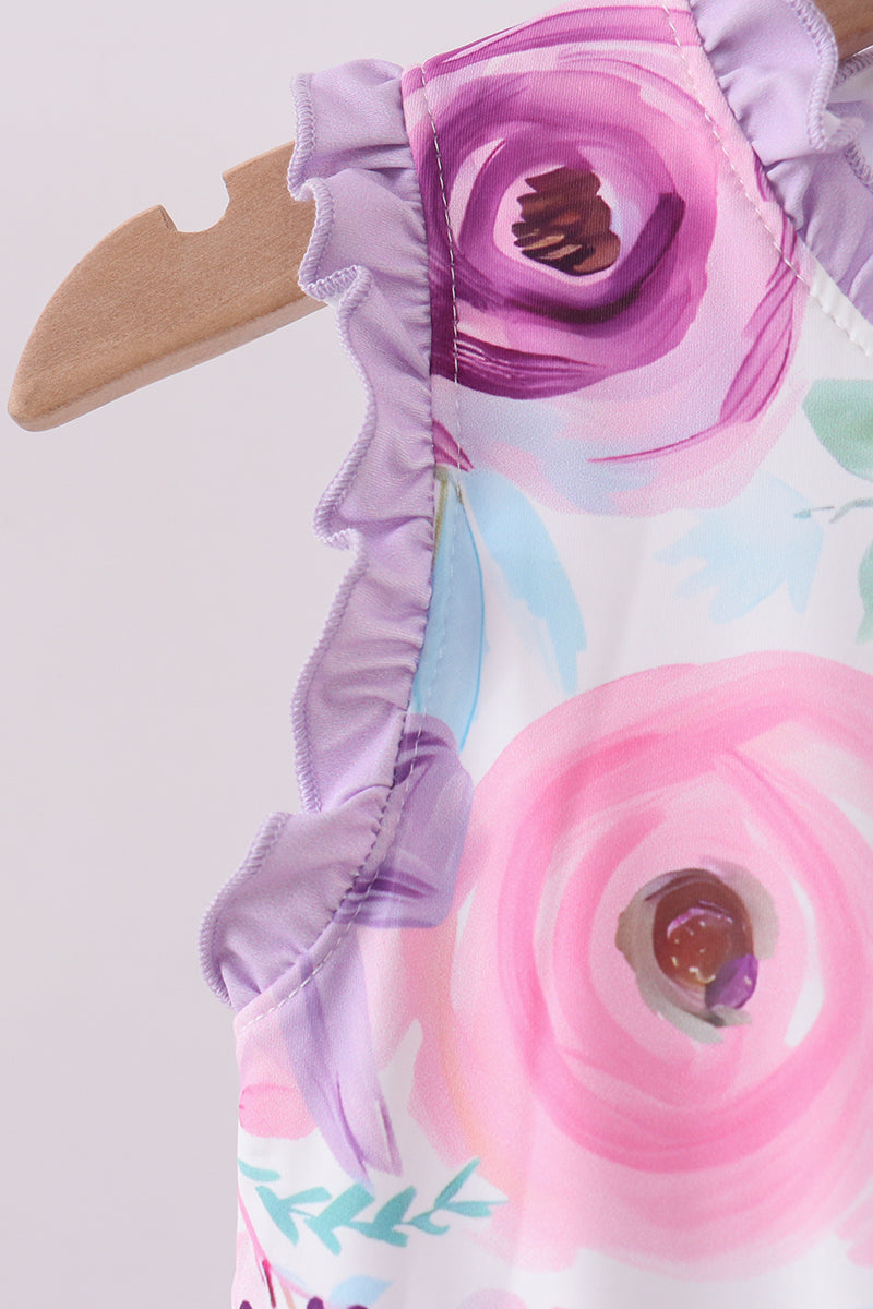 Purple floral print ruffle one-piece swimsuit