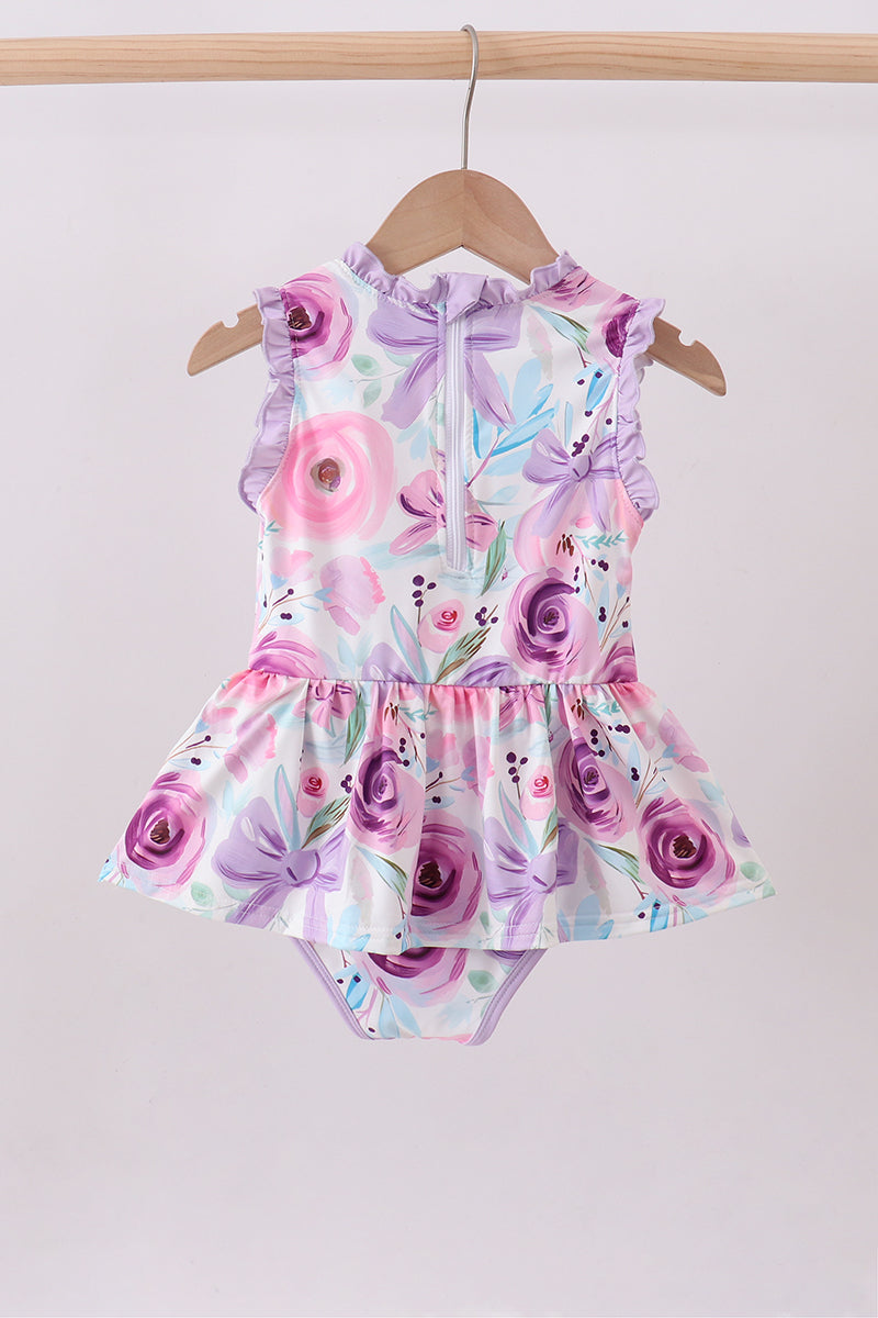 Purple floral print ruffle one-piece swimsuit