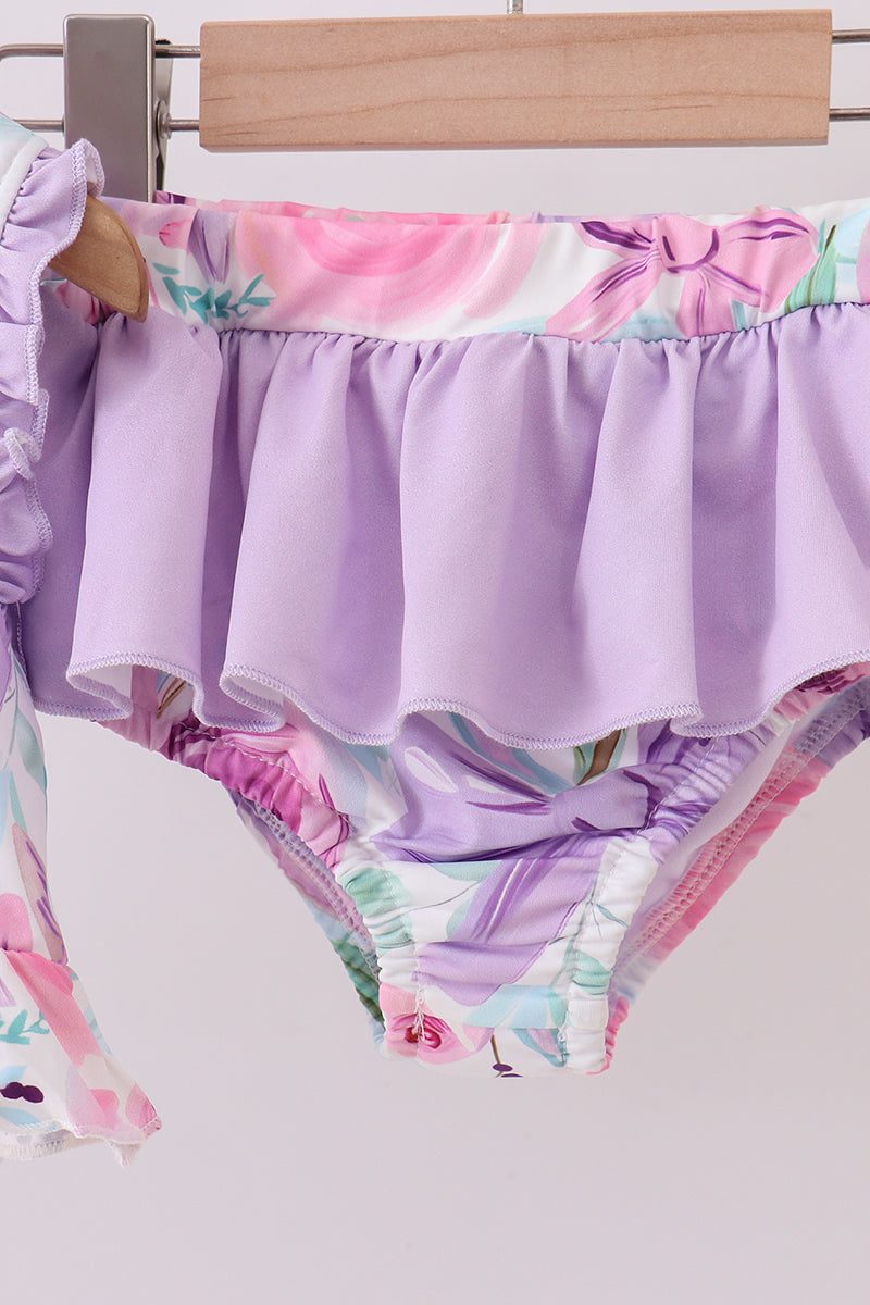 Purple floral print ruffle 2pc swimsuit