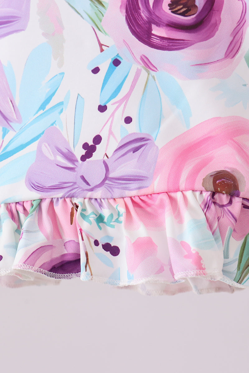 Purple floral print ruffle 2pc swimsuit