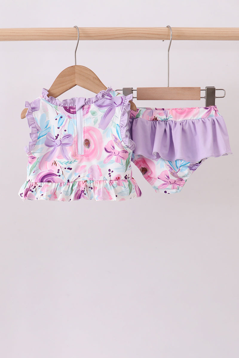 Purple floral print ruffle 2pc swimsuit