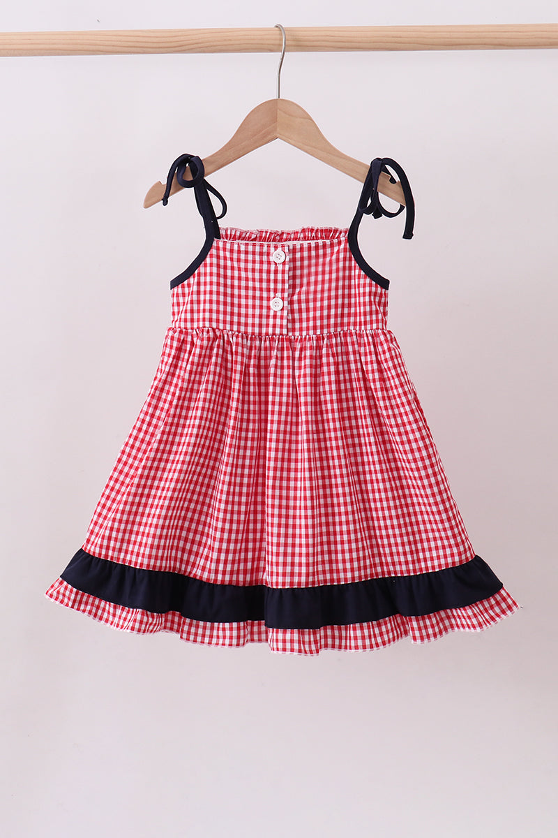 Red flag smocked gingham ruffle dress