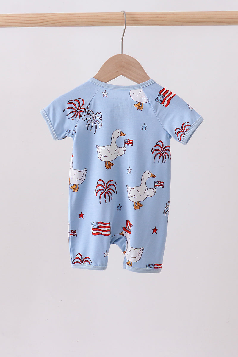 Blue goose flag print bamboo romper