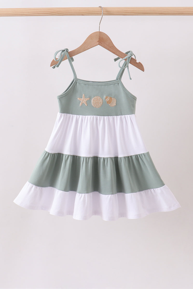 Sage starfish shell embroidery tiered dress