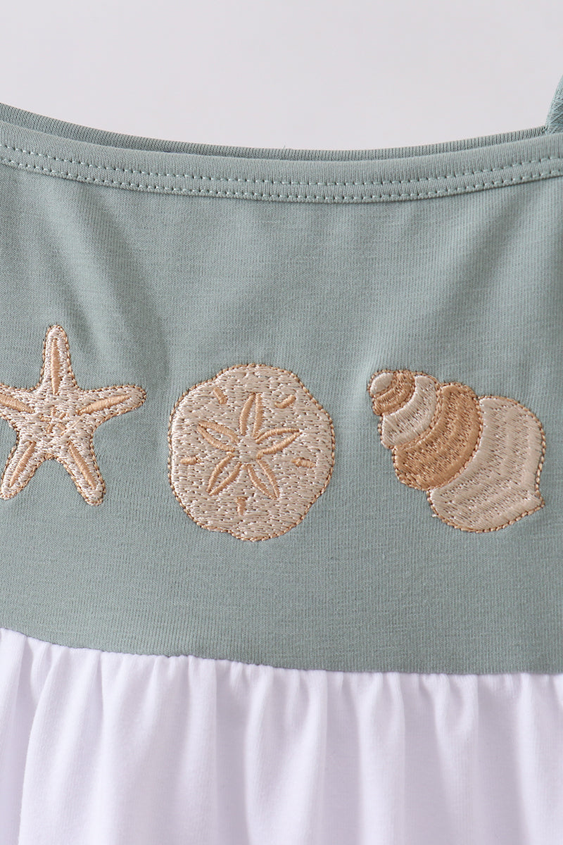 Sage starfish shell embroidery tiered dress