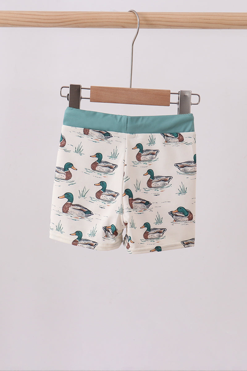 Sage duck print swim trunks
