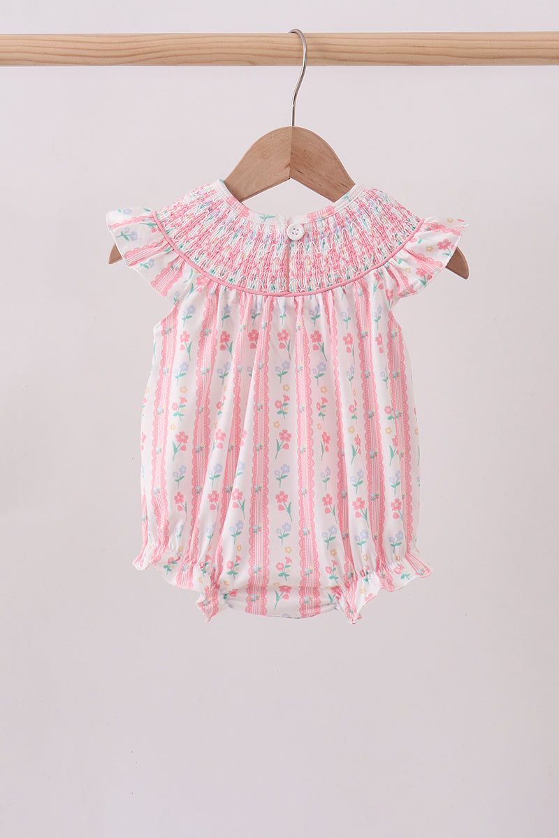 Blush floral smocked ruffle bubble