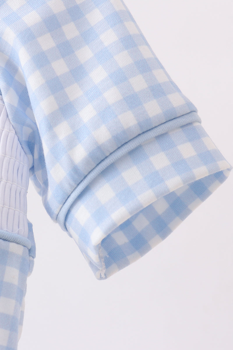 Blue tool smocked gingham bubble