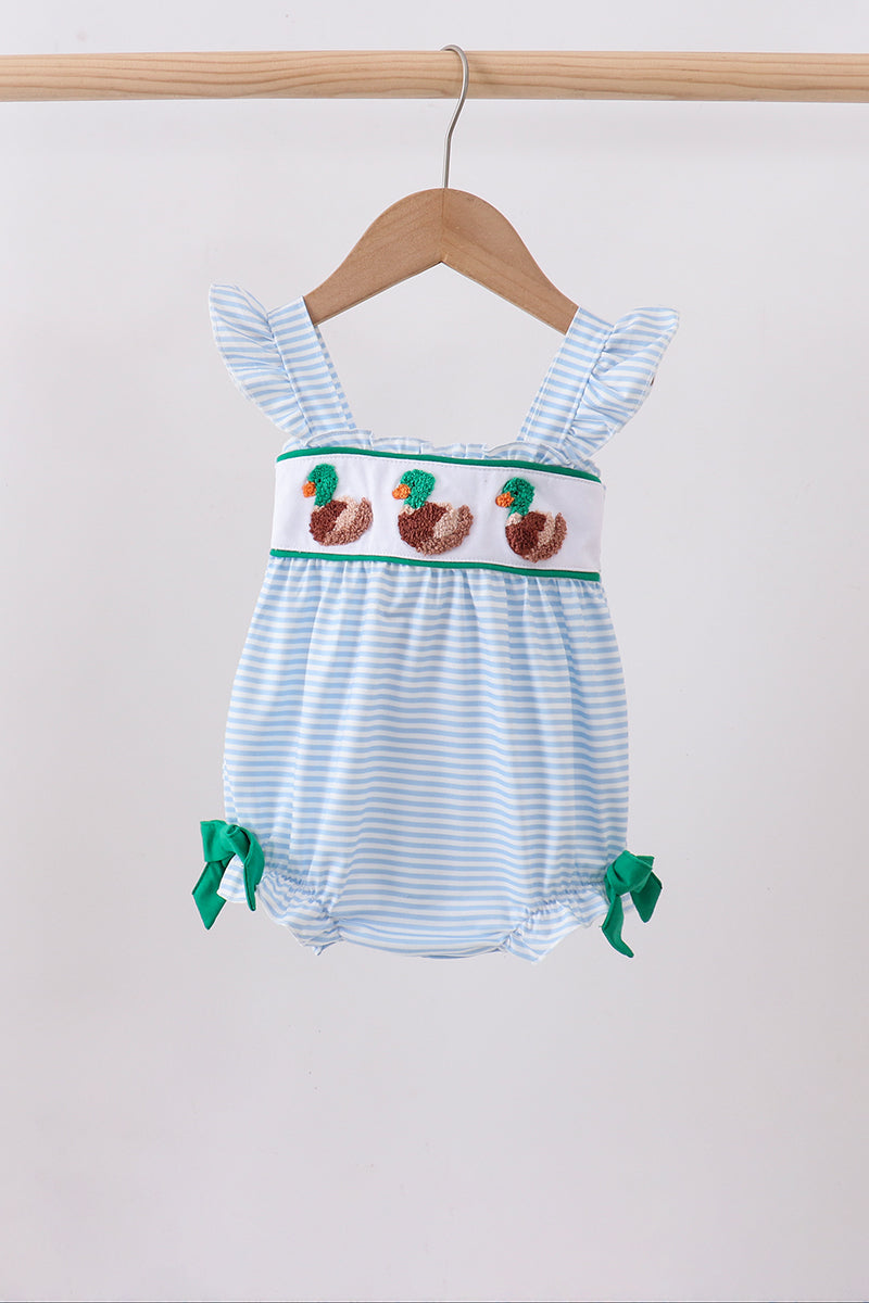Blue stripe duck french knot ruffle bubble
