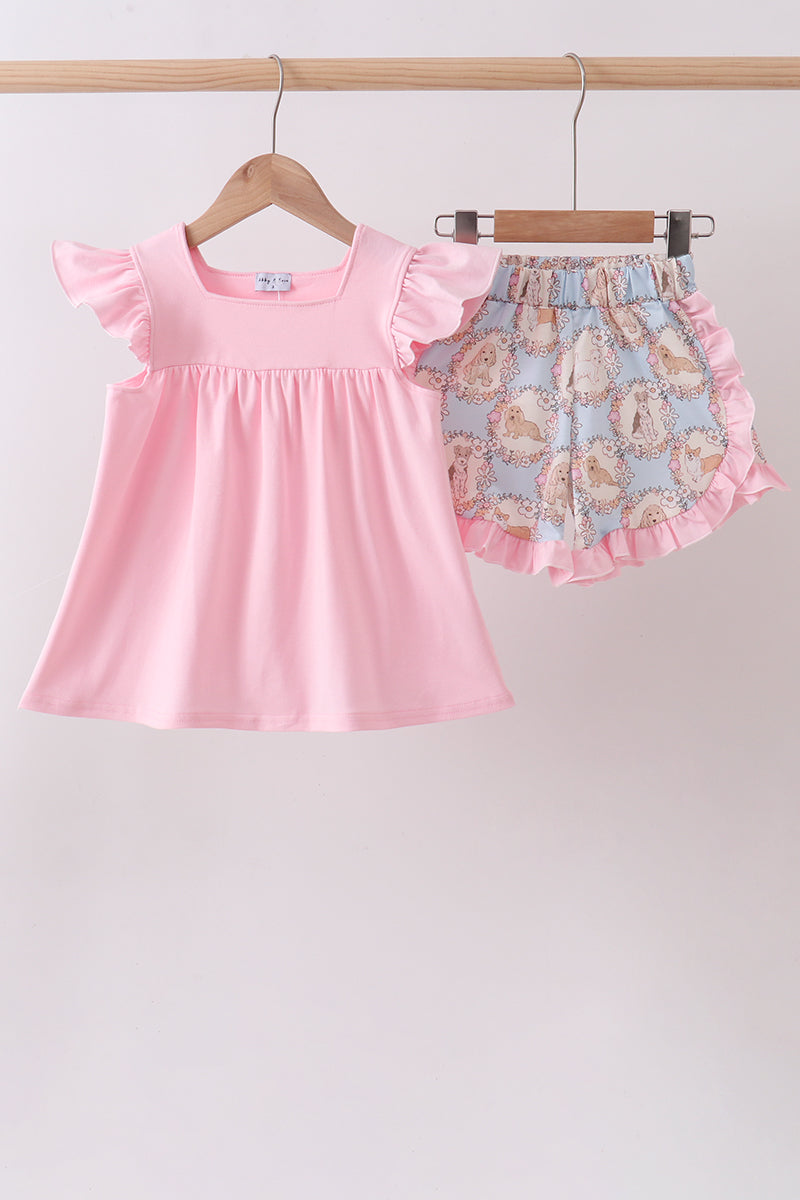 Pink puppy floral print ruffle shorts set
