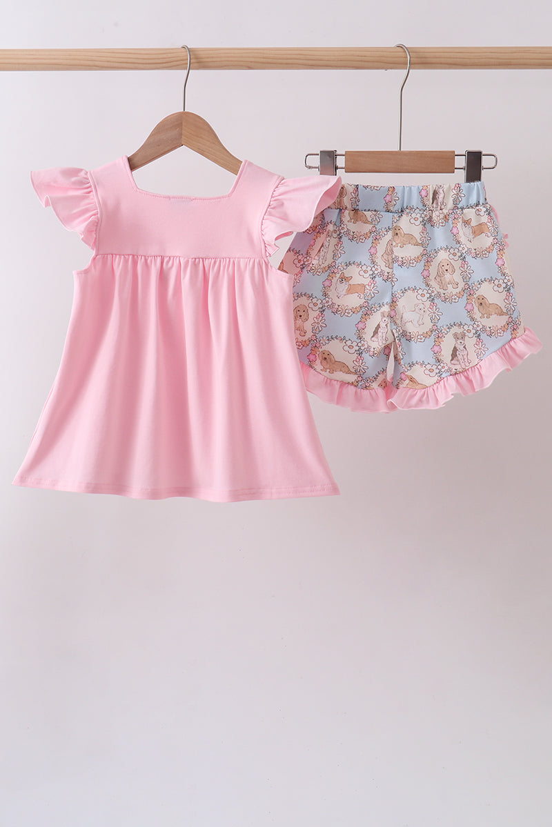 Pink puppy floral print ruffle shorts set