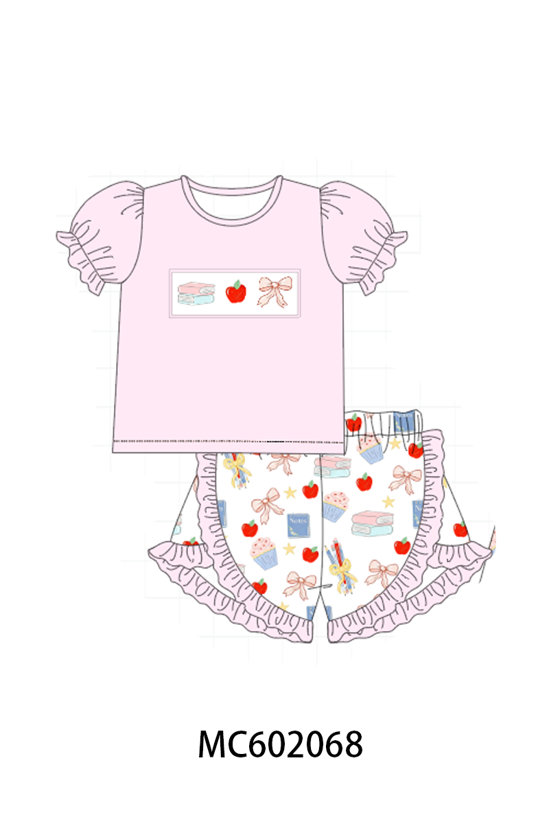 Pink Apple Embroidered Ruffle Set