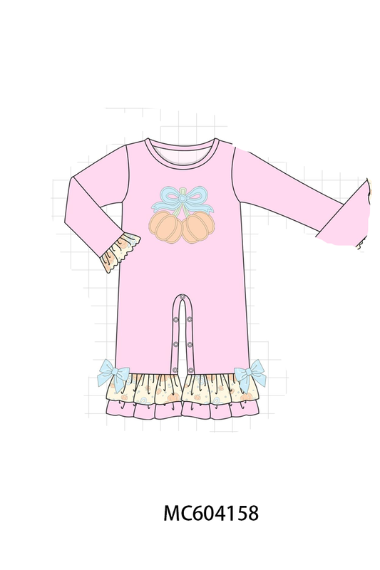 Pink bow pumpkin ruffle romper