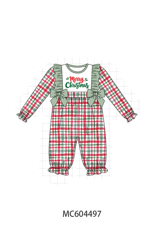 Green merry christmas embroidery plaid ruffle romper