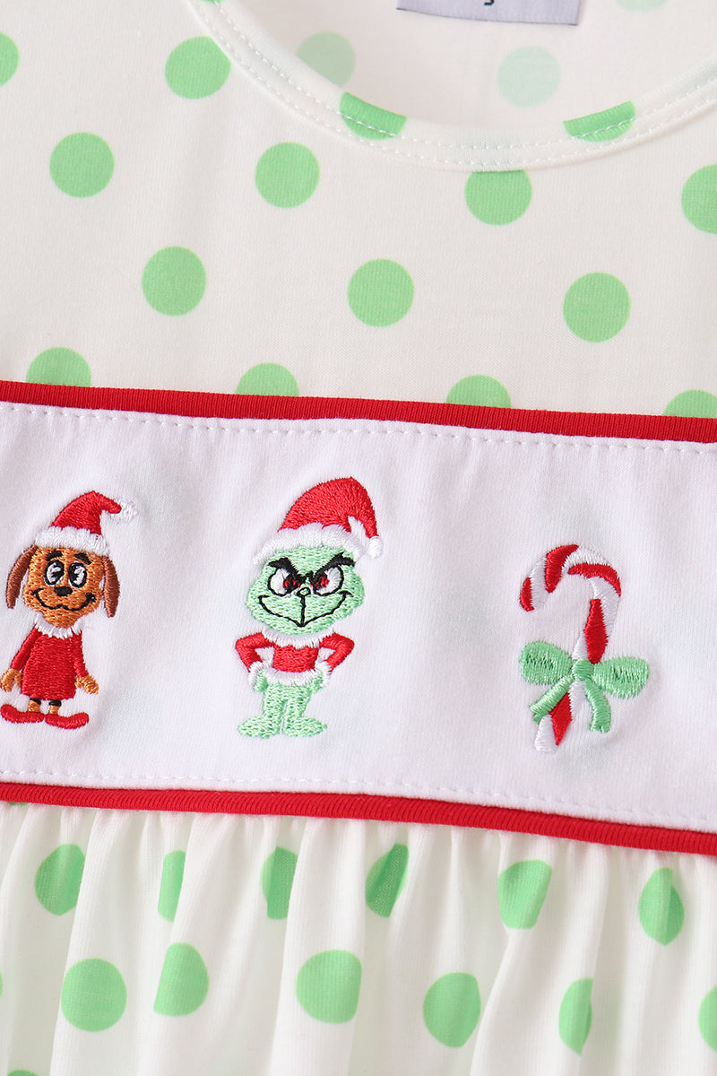 Green dot grinch embroidery ruffle pants set