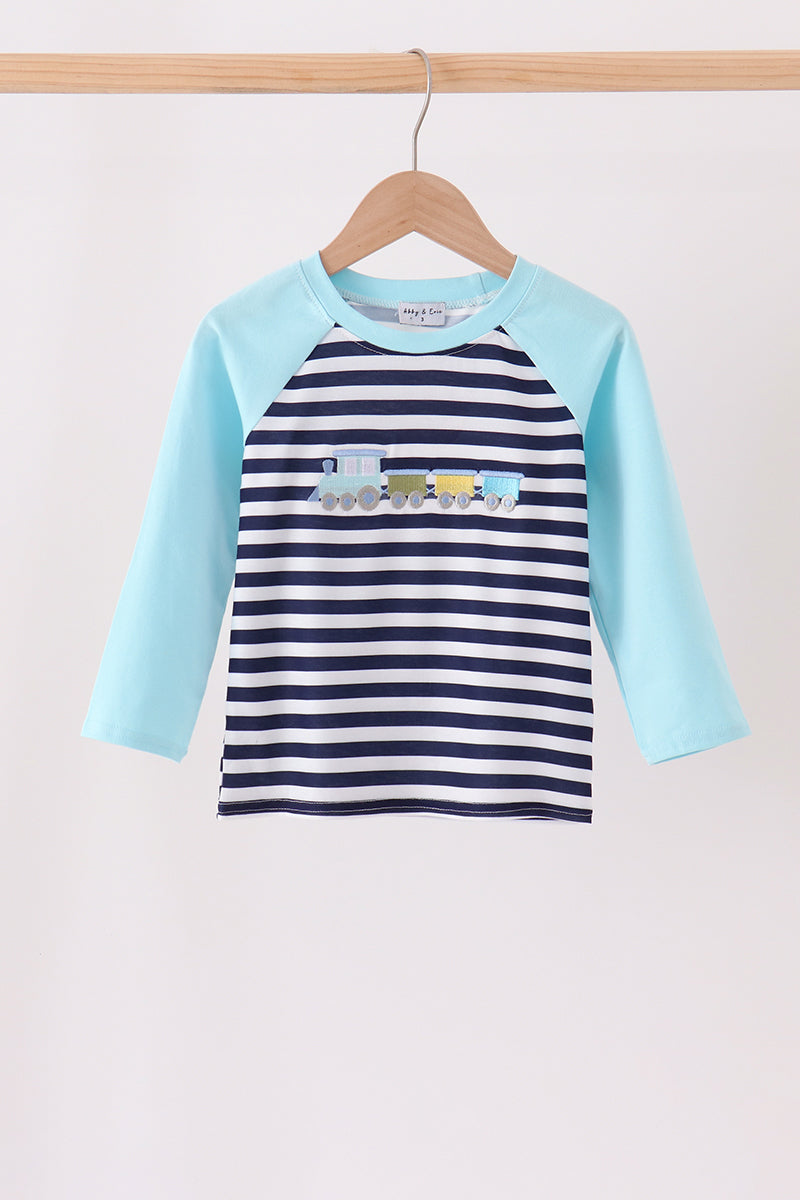 Blue train embroidery stripe top