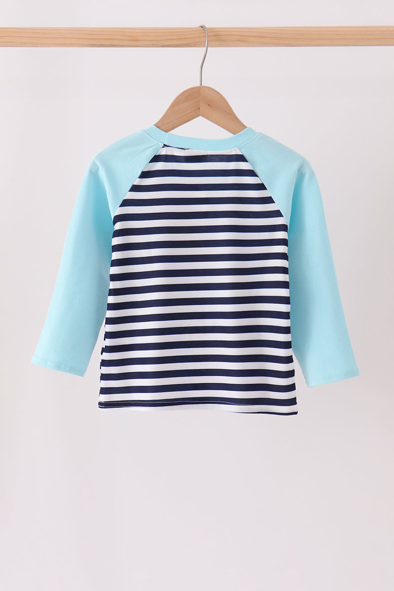 Blue train embroidery stripe top