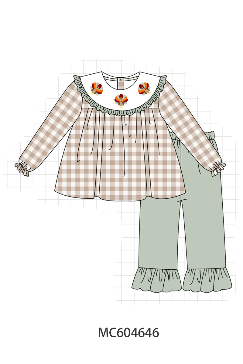 Brown turkey embroidery gingham ruffle pants set