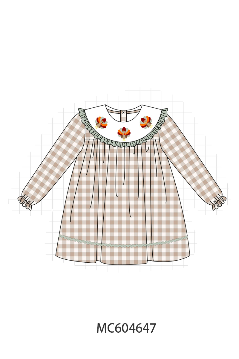 Brown turkey embroidery gingham ruffle dress