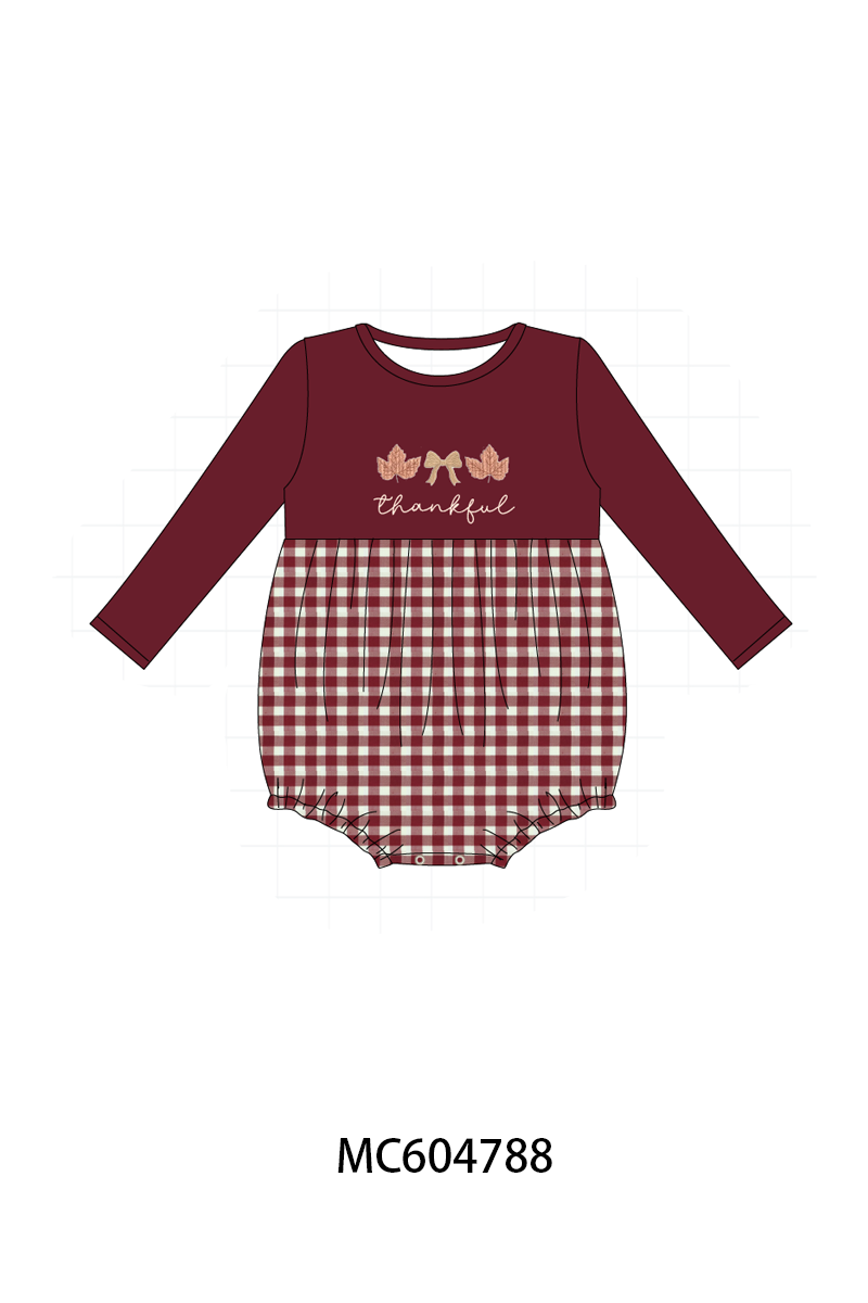 Maroon thankful leaves embroidey gingham bubble