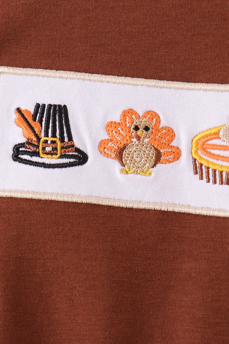 Brown turkey embroidery romper