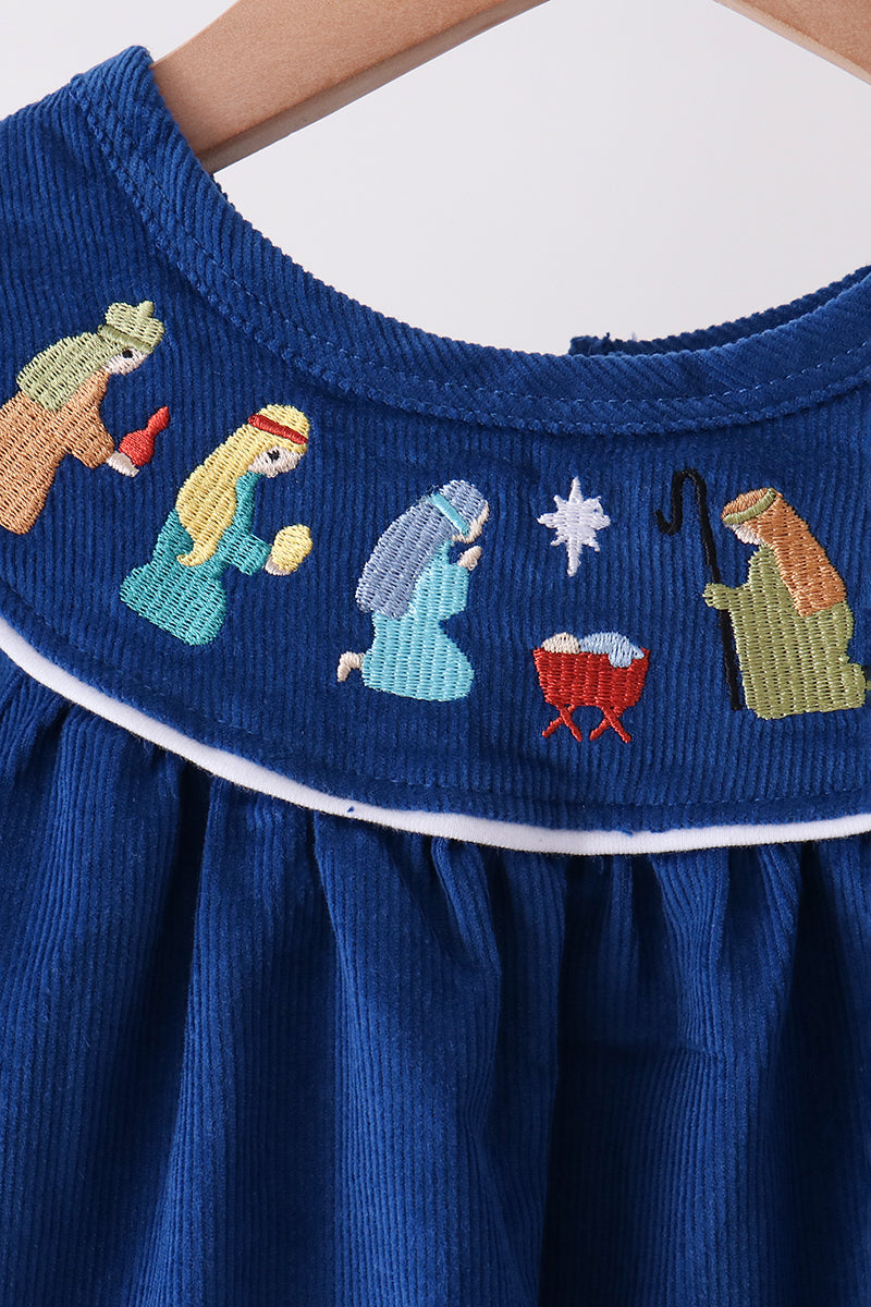 Blue Nativity corduroy Embroidery Ruffle Pants Set