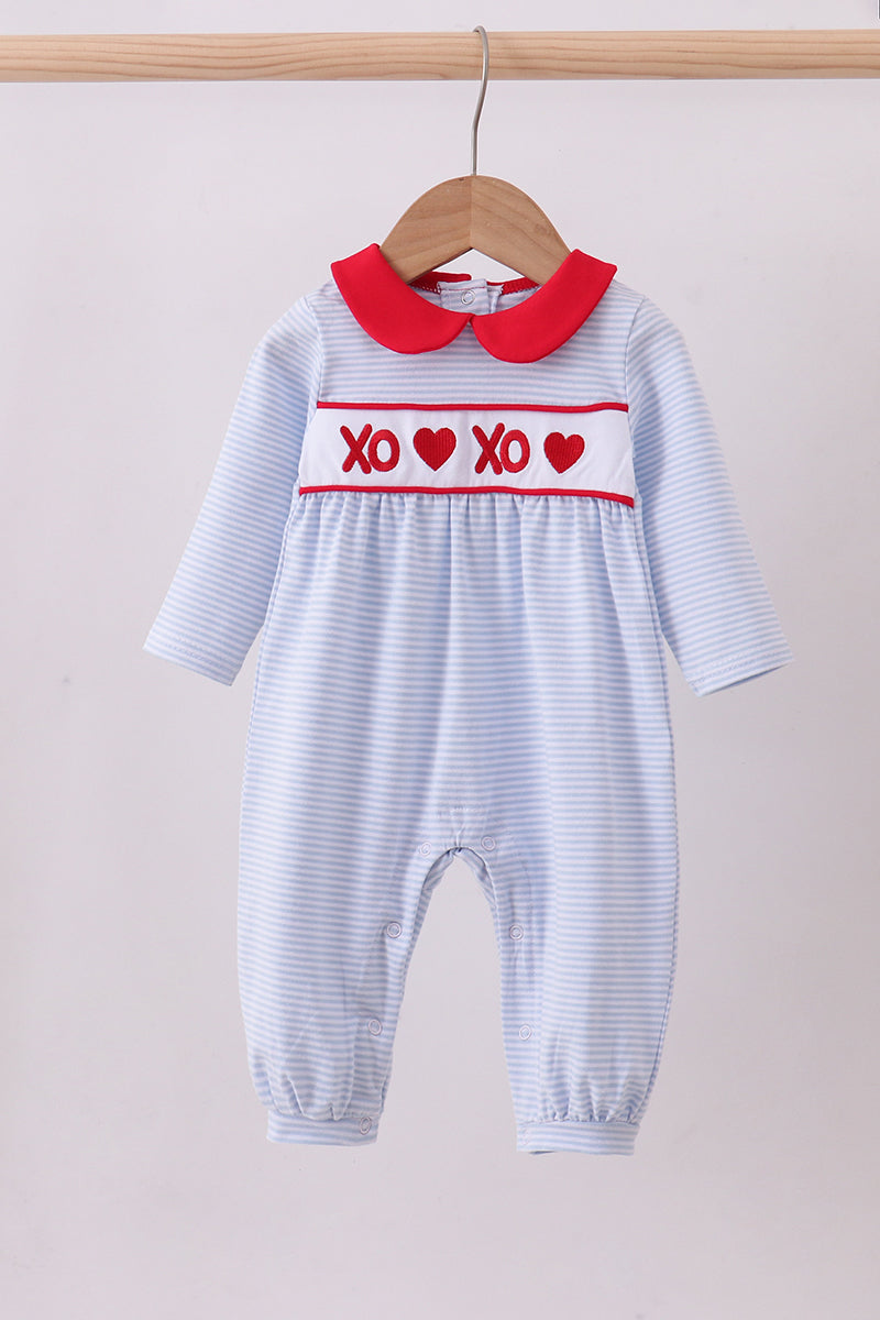 Blue valentine's day heart embroidery romper