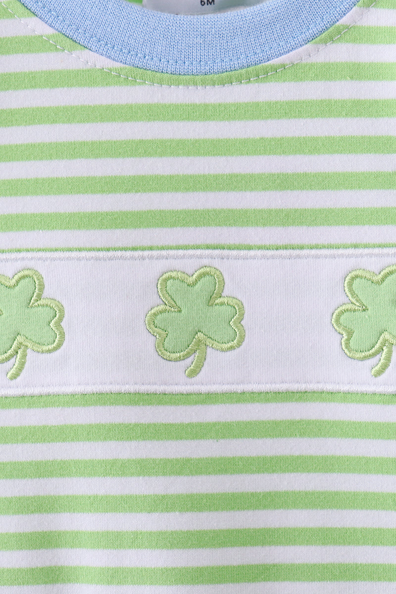 Green clover embroidery stripe romper