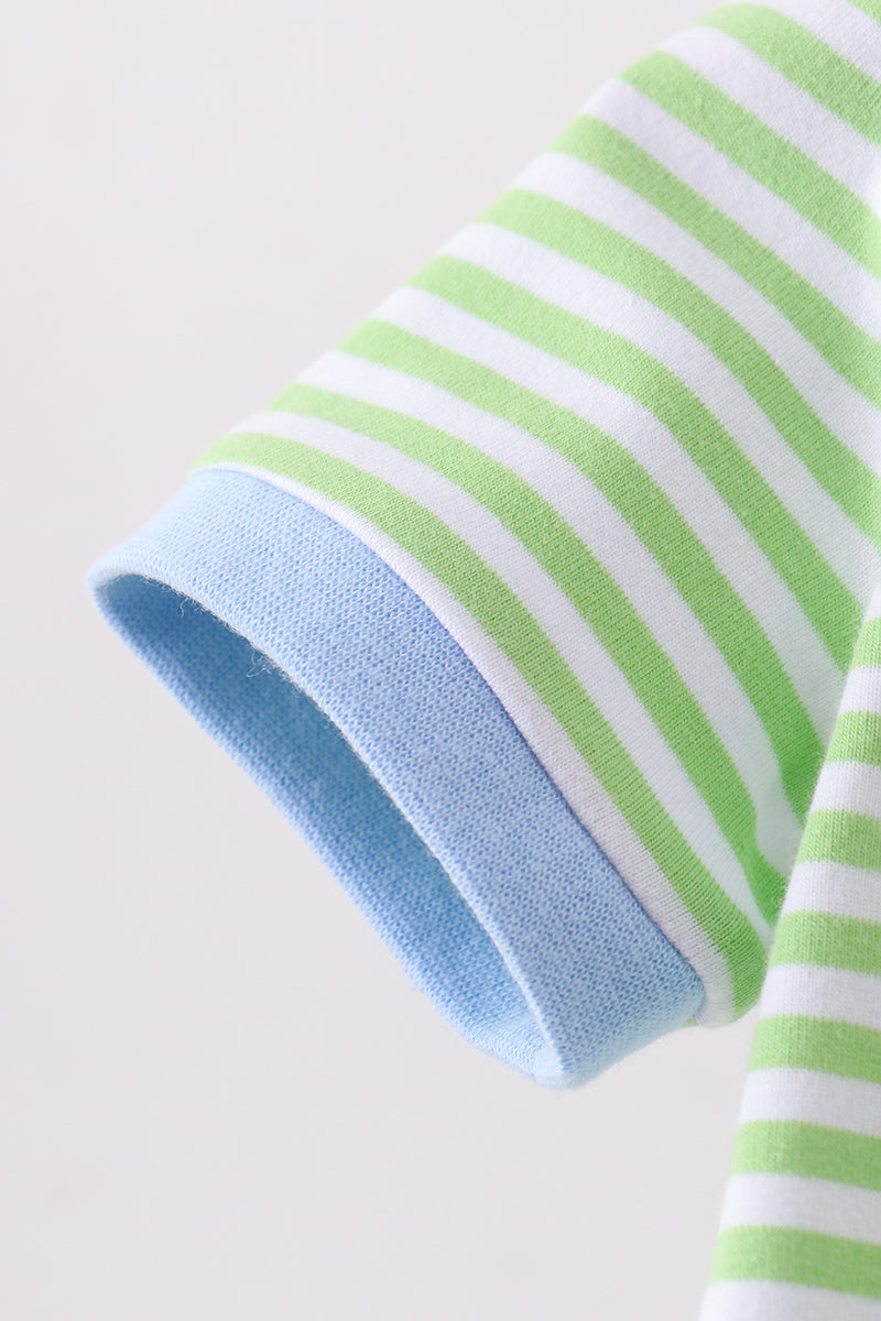 Green clover embroidery stripe romper